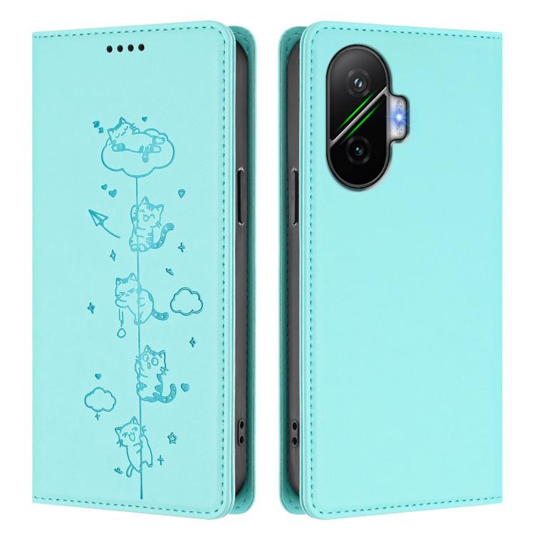 For Xiaomi Poco F7 / Redmi Turbo 4 Pro Cute Cats Embossed Magnetic RFID Vegan Leather Phone Case