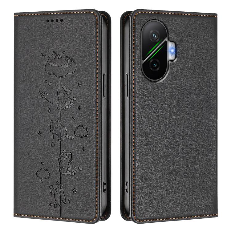 For Xiaomi Poco F7 / Redmi Turbo 4 Pro Cute Cats Embossed Magnetic RFID Vegan Leather Phone Case