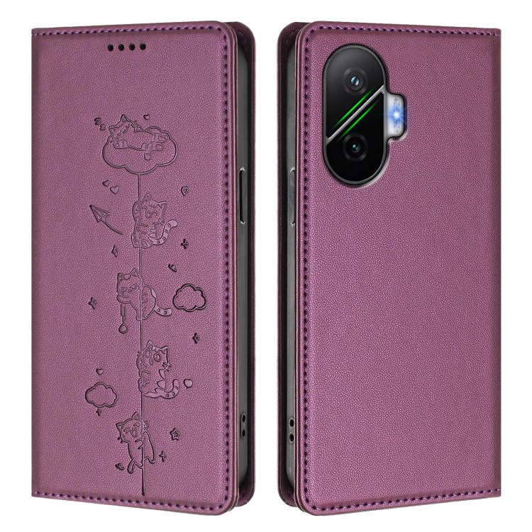 For Xiaomi Poco F7 / Redmi Turbo 4 Pro Cute Cats Embossed Magnetic RFID Vegan Leather Phone Case
