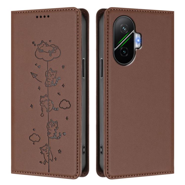 For Xiaomi Poco F7 / Redmi Turbo 4 Pro Cute Cats Embossed Magnetic RFID Vegan Leather Phone Case