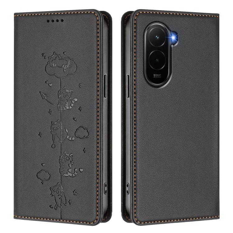 For Xiaomi Poco M7 4G 169mm Cute Cats Embossed Magnetic RFID Vegan Leather Phone Case