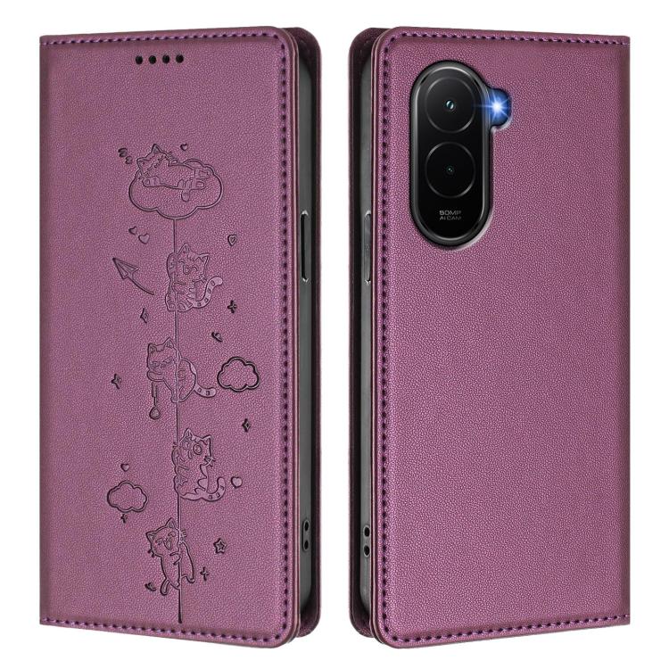 For Xiaomi Poco M7 4G 169mm Cute Cats Embossed Magnetic RFID Vegan Leather Phone Case