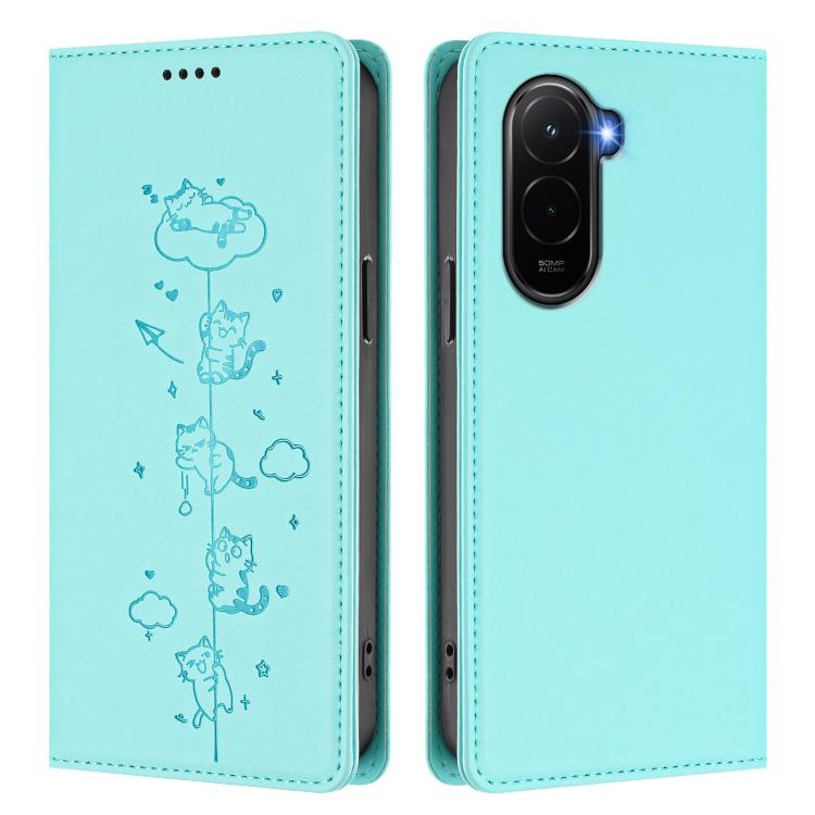 For Xiaomi Poco M7 4G 171mm Cute Cats Embossed Magnetic RFID Vegan Leather Phone Case
