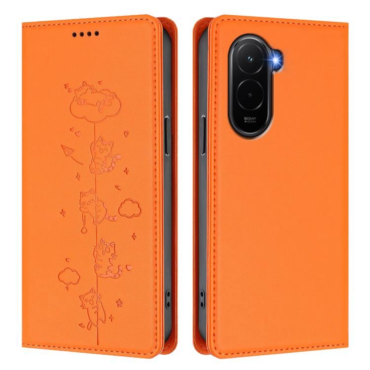 For Xiaomi Poco M7 4G 171mm Cute Cats Embossed Magnetic RFID Vegan Leather Phone Case