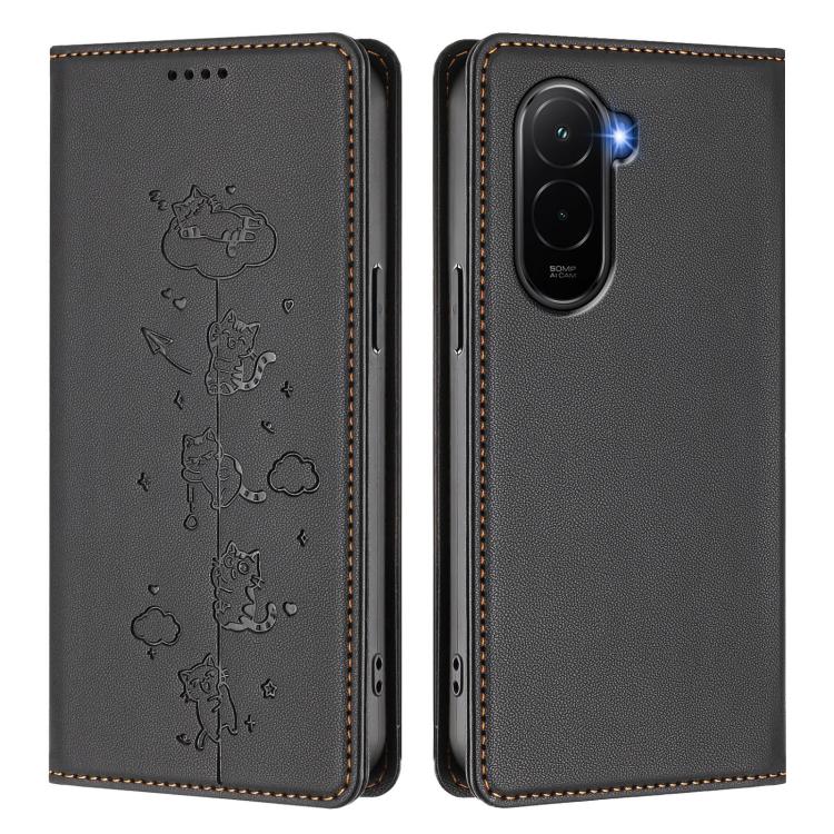 For Xiaomi Poco M7 4G 171mm Cute Cats Embossed Magnetic RFID Vegan Leather Phone Case
