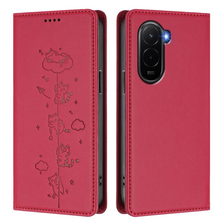 For Xiaomi Poco M7 4G 171mm Cute Cats Embossed Magnetic RFID Vegan Leather Phone Case