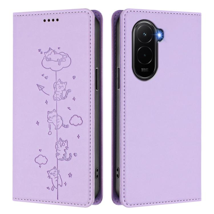 For Xiaomi Poco M7 4G 171mm Cute Cats Embossed Magnetic RFID Vegan Leather Phone Case