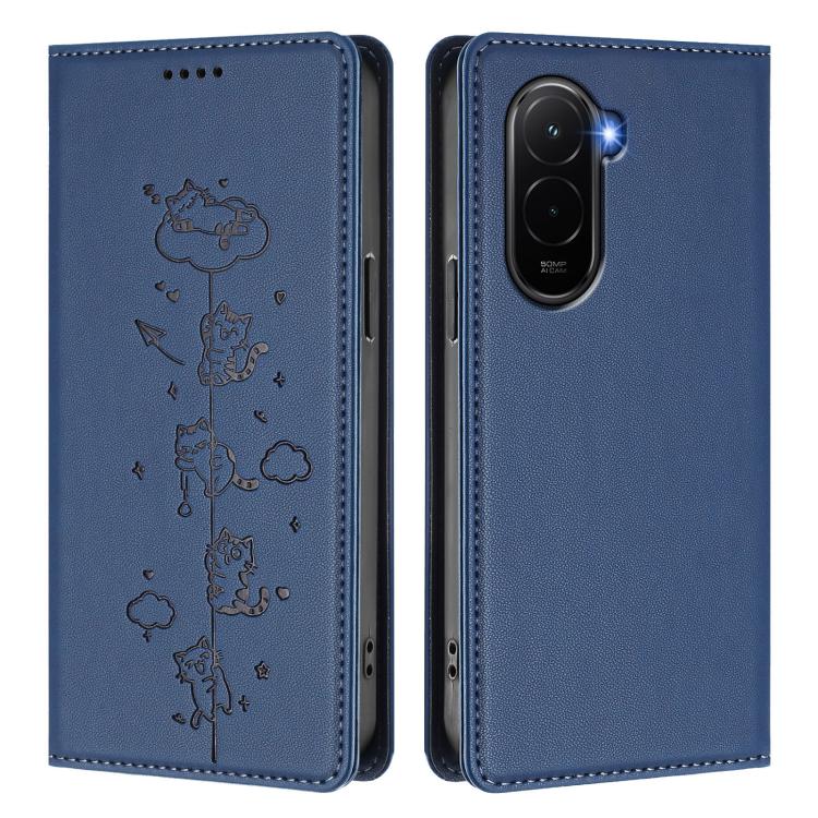 For Xiaomi Poco M7 4G 171mm Cute Cats Embossed Magnetic RFID Vegan Leather Phone Case