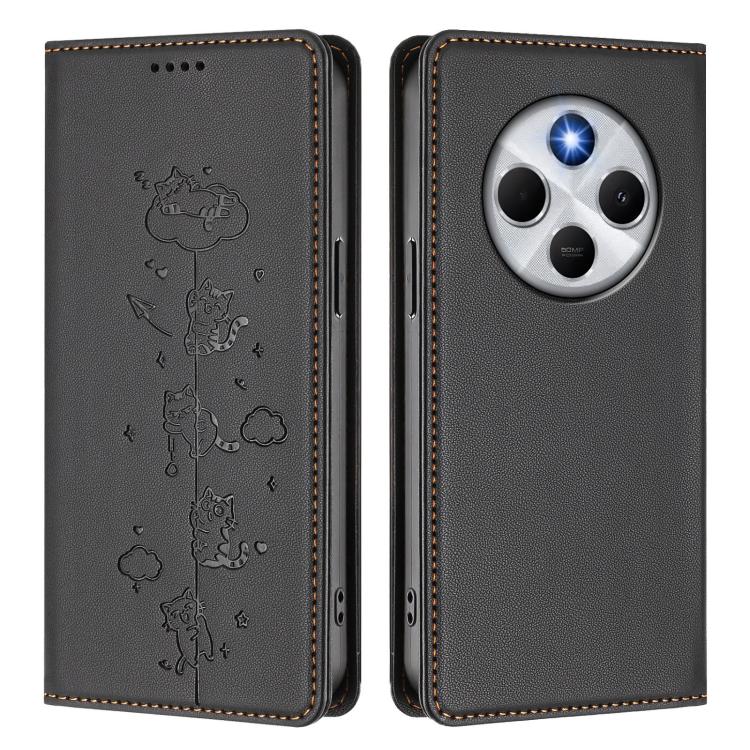 For Xiaomi Poco M7 5G / Poco C75 / Redmi A4 5G Cute Cats Embossed Magnetic RFID Vegan Leather Phone Case