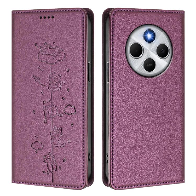 For Xiaomi Poco M7 5G / Poco C75 / Redmi A4 5G Cute Cats Embossed Magnetic RFID Vegan Leather Phone Case