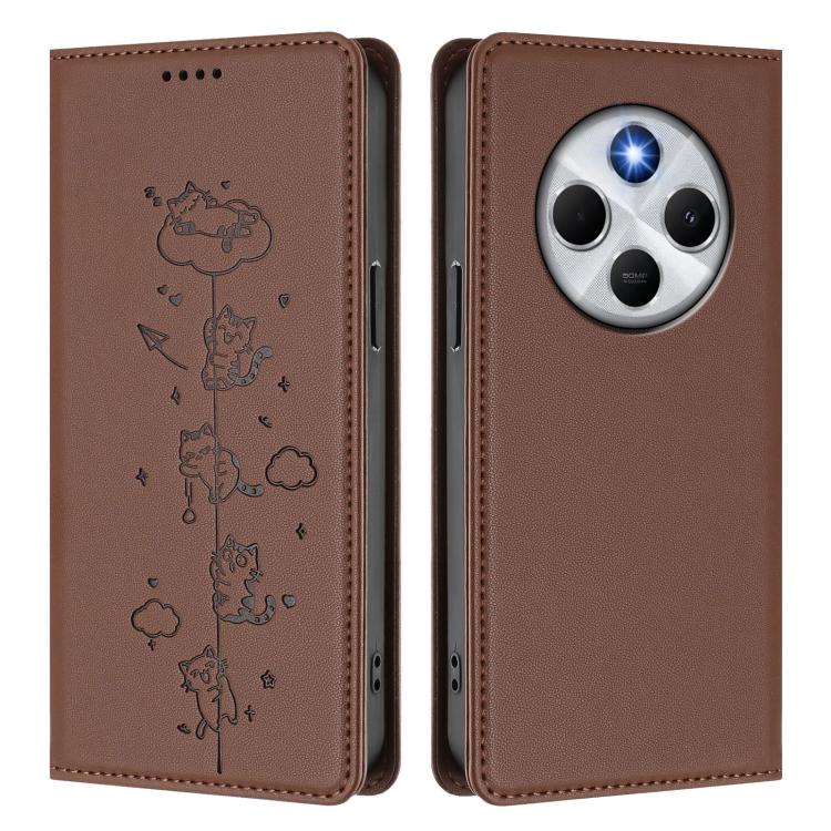 For Xiaomi Poco M7 5G / Poco C75 / Redmi A4 5G Cute Cats Embossed Magnetic RFID Vegan Leather Phone Case