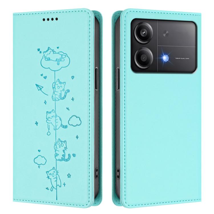 For Xiaomi Poco X6 Neo / Redmi Note 13R Pro Cute Cats Embossed Magnetic RFID Vegan Leather Phone Case