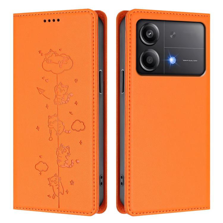 For Xiaomi Poco X6 Neo / Redmi Note 13R Pro Cute Cats Embossed Magnetic RFID Vegan Leather Phone Case