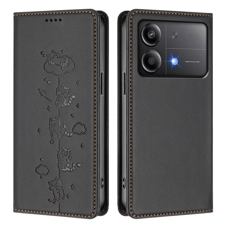 For Xiaomi Poco X6 Neo / Redmi Note 13R Pro Cute Cats Embossed Magnetic RFID Vegan Leather Phone Case