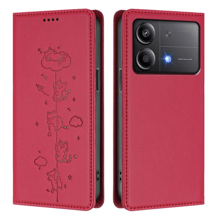 For Xiaomi Poco X6 Neo / Redmi Note 13R Pro Cute Cats Embossed Magnetic RFID Vegan Leather Phone Case