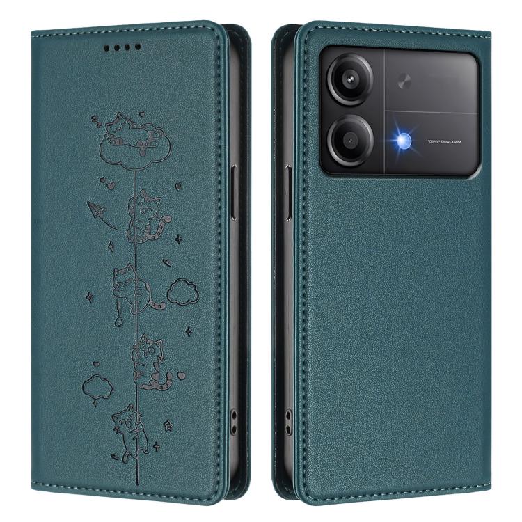 For Xiaomi Poco X6 Neo / Redmi Note 13R Pro Cute Cats Embossed Magnetic RFID Vegan Leather Phone Case