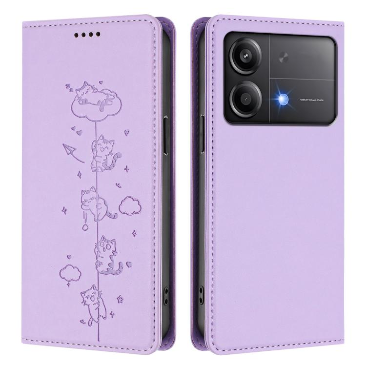For Xiaomi Poco X6 Neo / Redmi Note 13R Pro Cute Cats Embossed Magnetic RFID Vegan Leather Phone Case