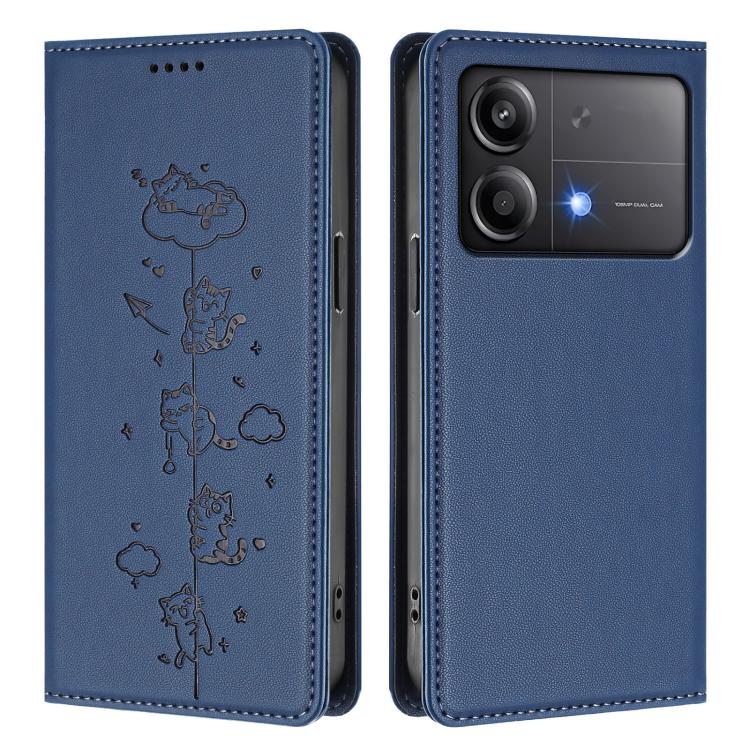 For Xiaomi Poco X6 Neo / Redmi Note 13R Pro Cute Cats Embossed Magnetic RFID Vegan Leather Phone Case