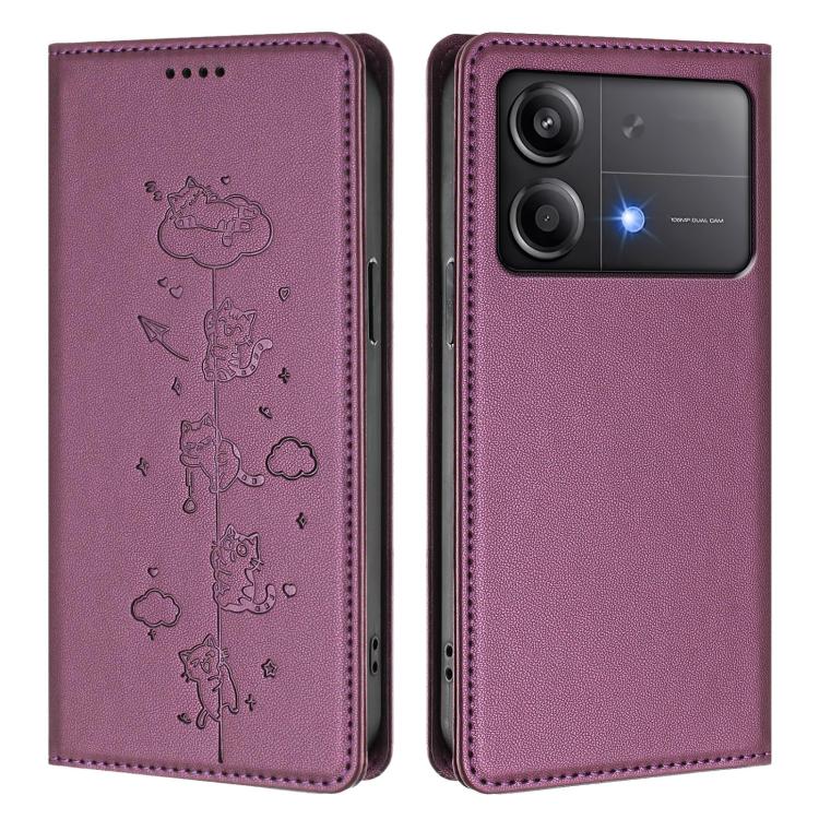 For Xiaomi Poco X6 Neo / Redmi Note 13R Pro Cute Cats Embossed Magnetic RFID Vegan Leather Phone Case