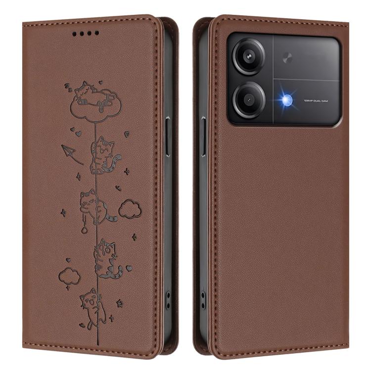 For Xiaomi Poco X6 Neo / Redmi Note 13R Pro Cute Cats Embossed Magnetic RFID Vegan Leather Phone Case