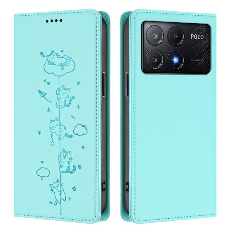 For Xiaomi Poco X6 Pro / Redmi K70E Cute Cats Embossed Magnetic RFID Vegan Leather Phone Case