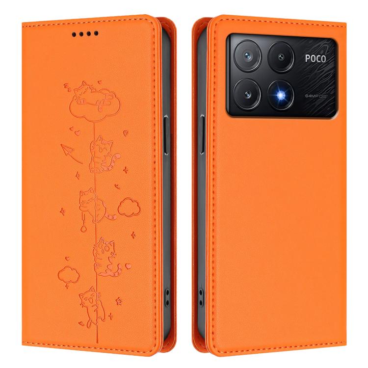 For Xiaomi Poco X6 Pro / Redmi K70E Cute Cats Embossed Magnetic RFID Vegan Leather Phone Case