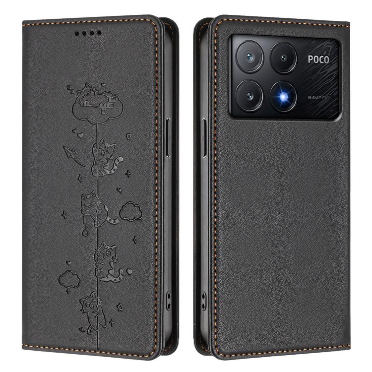 For Xiaomi Poco X6 Pro / Redmi K70E Cute Cats Embossed Magnetic RFID Vegan Leather Phone Case