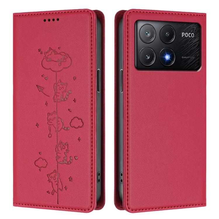 For Xiaomi Poco X6 Pro / Redmi K70E Cute Cats Embossed Magnetic RFID Vegan Leather Phone Case