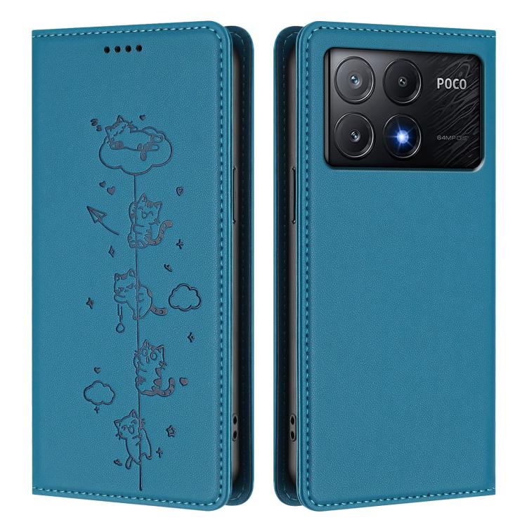 For Xiaomi Poco X6 Pro / Redmi K70E Cute Cats Embossed Magnetic RFID Vegan Leather Phone Case