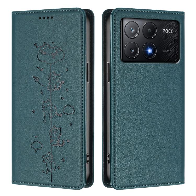For Xiaomi Poco X6 Pro / Redmi K70E Cute Cats Embossed Magnetic RFID Vegan Leather Phone Case