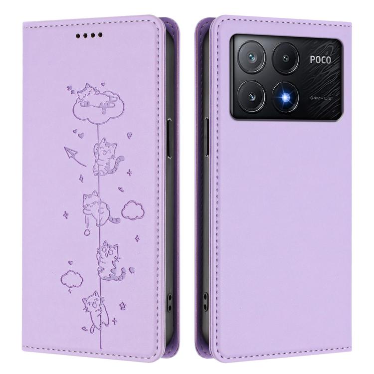 For Xiaomi Poco X6 Pro / Redmi K70E Cute Cats Embossed Magnetic RFID Vegan Leather Phone Case