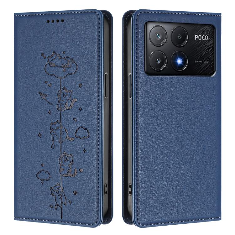 For Xiaomi Poco X6 Pro / Redmi K70E Cute Cats Embossed Magnetic RFID Vegan Leather Phone Case