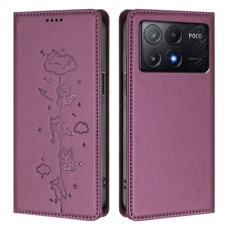 For Xiaomi Poco X6 Pro / Redmi K70E Cute Cats Embossed Magnetic RFID Vegan Leather Phone Case