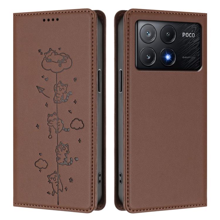 For Xiaomi Poco X6 Pro / Redmi K70E Cute Cats Embossed Magnetic RFID Vegan Leather Phone Case
