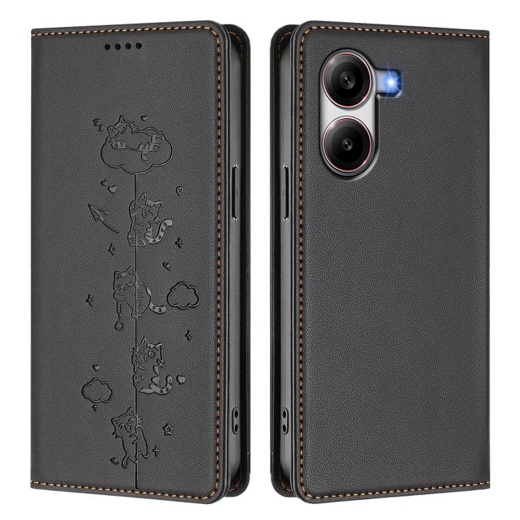 For Xiaomi Poco X7 Pro / Redmi Turbo 4 Cute Cats Embossed Magnetic RFID Vegan Leather Phone Case