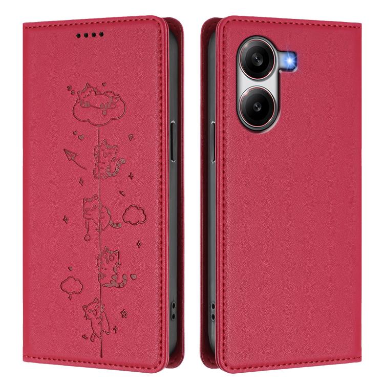 For Xiaomi Poco X7 Pro / Redmi Turbo 4 Cute Cats Embossed Magnetic RFID Vegan Leather Phone Case