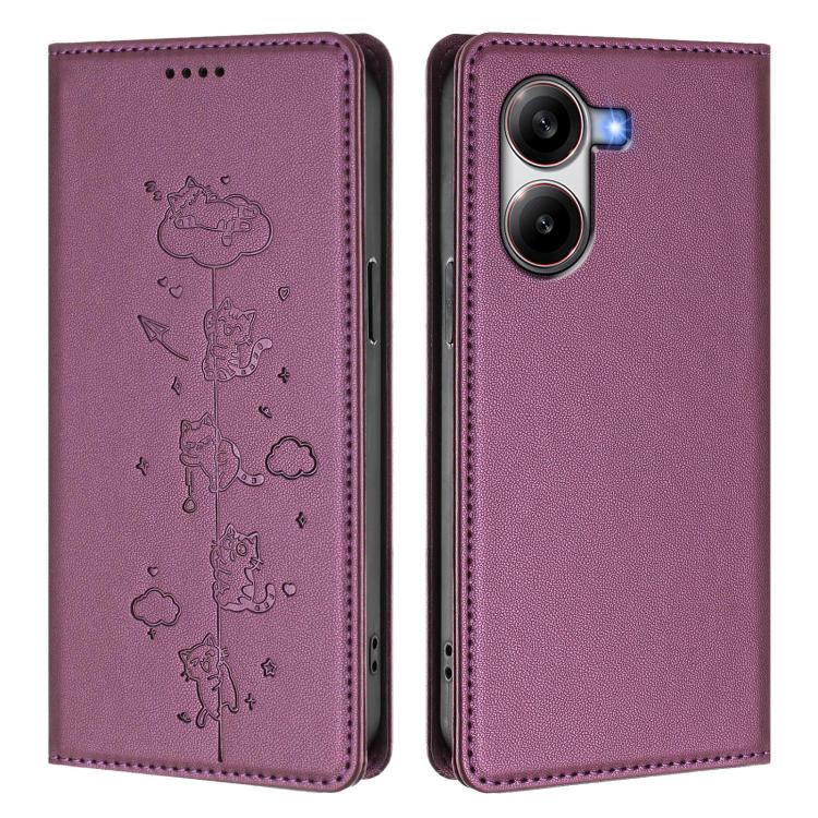 For Xiaomi Poco X7 Pro / Redmi Turbo 4 Cute Cats Embossed Magnetic RFID Vegan Leather Phone Case