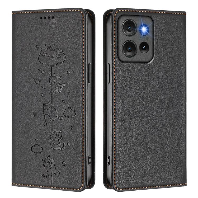 For Motorola Edge 50 5G Global Cute Cats Embossed Magnetic RFID Vegan Leather Phone Case