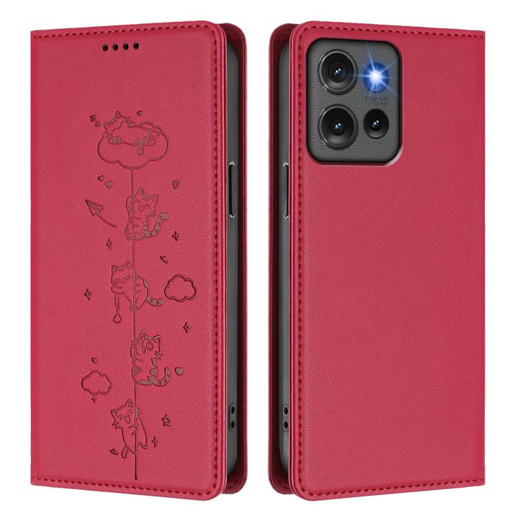 For Motorola Edge 50 5G Global Cute Cats Embossed Magnetic RFID Vegan Leather Phone Case