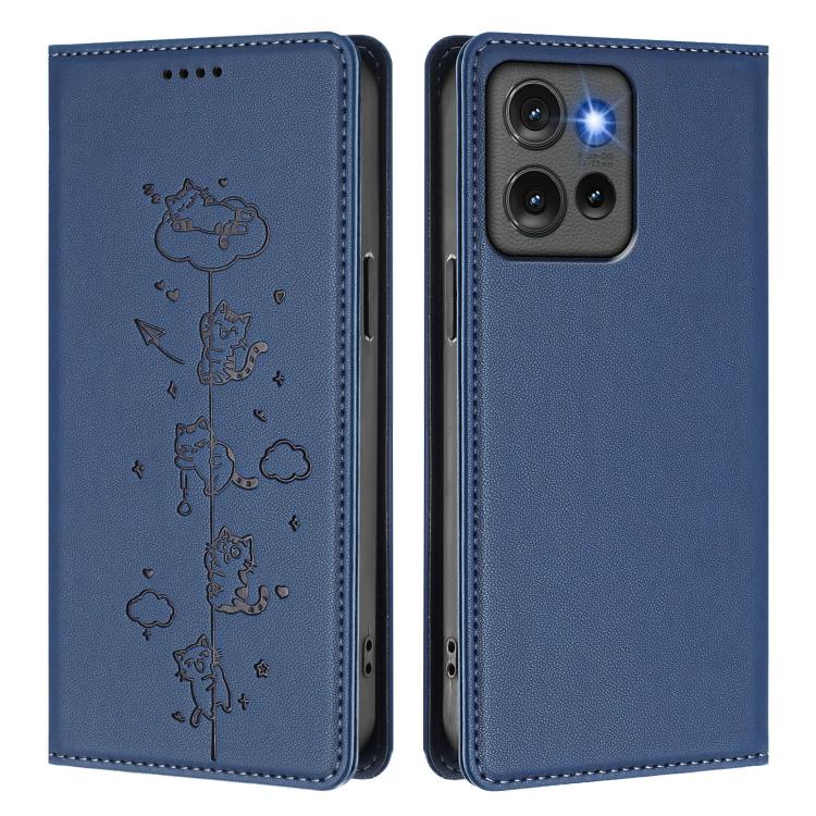 For Motorola Edge 50 5G Global Cute Cats Embossed Magnetic RFID Vegan Leather Phone Case