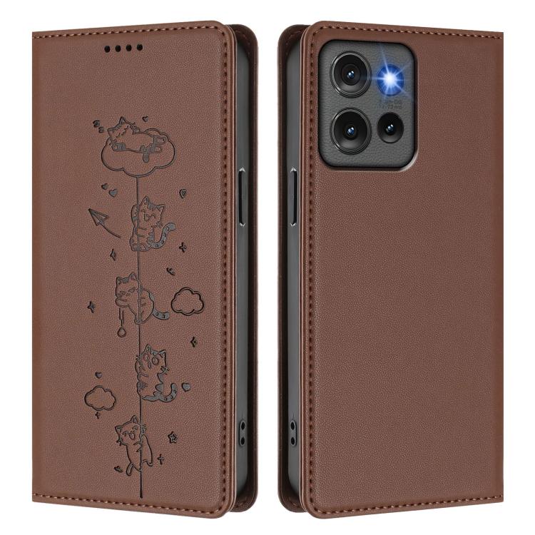 For Motorola Edge 50 5G Global Cute Cats Embossed Magnetic RFID Vegan Leather Phone Case