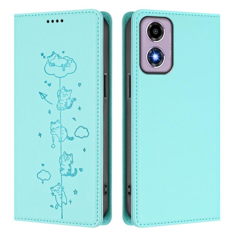 For Motorola Moto E14 4G / G04s 4G Cute Cats Embossed Magnetic RFID Vegan Leather Phone Case