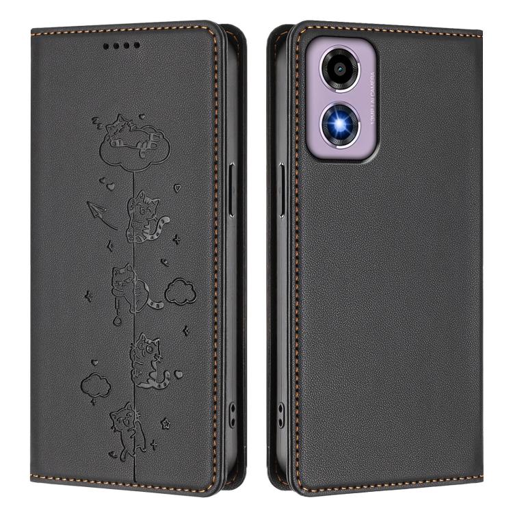 For Motorola Moto E14 4G / G04s 4G Cute Cats Embossed Magnetic RFID Vegan Leather Phone Case