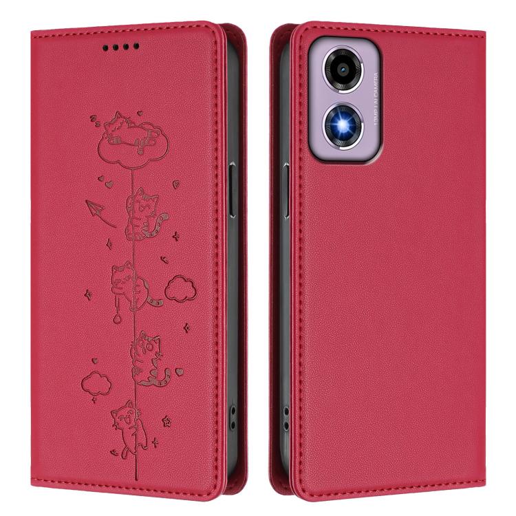 For Motorola Moto E14 4G / G04s 4G Cute Cats Embossed Magnetic RFID Vegan Leather Phone Case