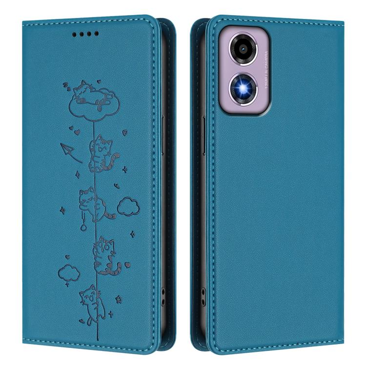 For Motorola Moto E14 4G / G04s 4G Cute Cats Embossed Magnetic RFID Vegan Leather Phone Case
