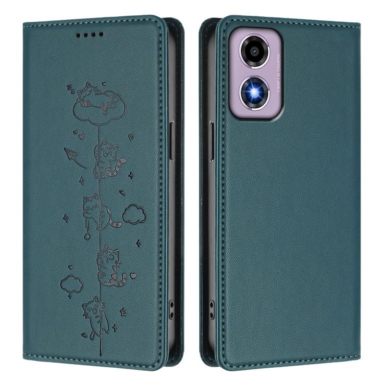 For Motorola Moto E14 4G / G04s 4G Cute Cats Embossed Magnetic RFID Vegan Leather Phone Case
