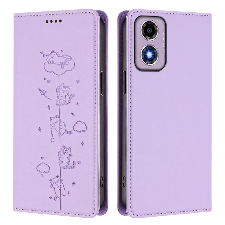 For Motorola Moto E14 4G / G04s 4G Cute Cats Embossed Magnetic RFID Vegan Leather Phone Case