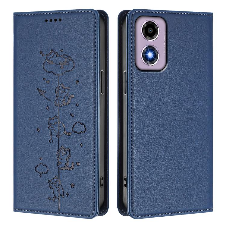 For Motorola Moto E14 4G / G04s 4G Cute Cats Embossed Magnetic RFID Vegan Leather Phone Case