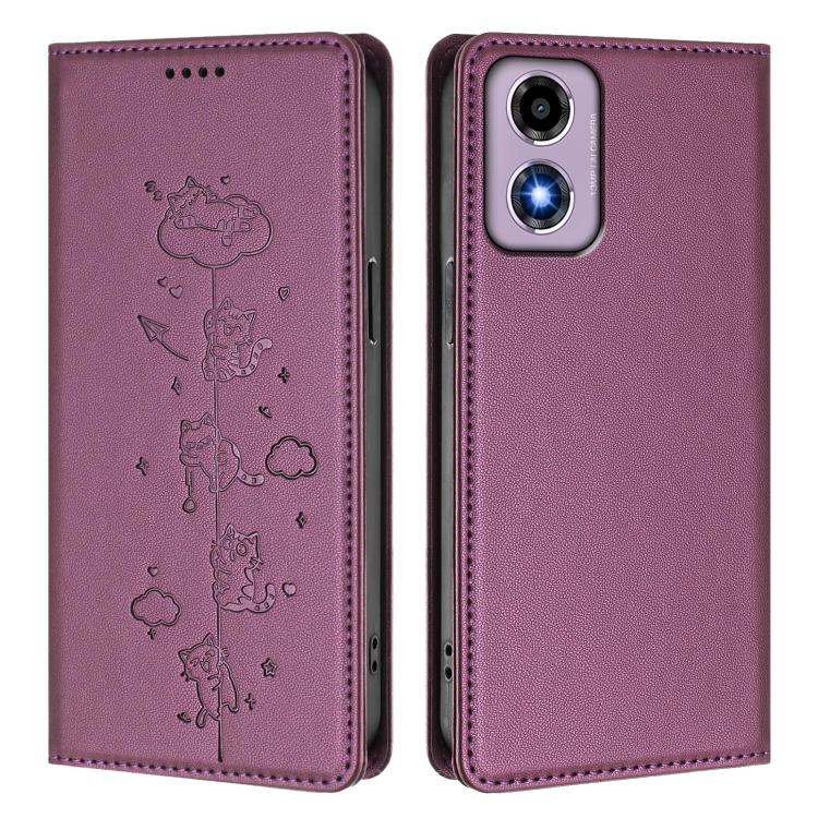 For Motorola Moto E14 4G / G04s 4G Cute Cats Embossed Magnetic RFID Vegan Leather Phone Case