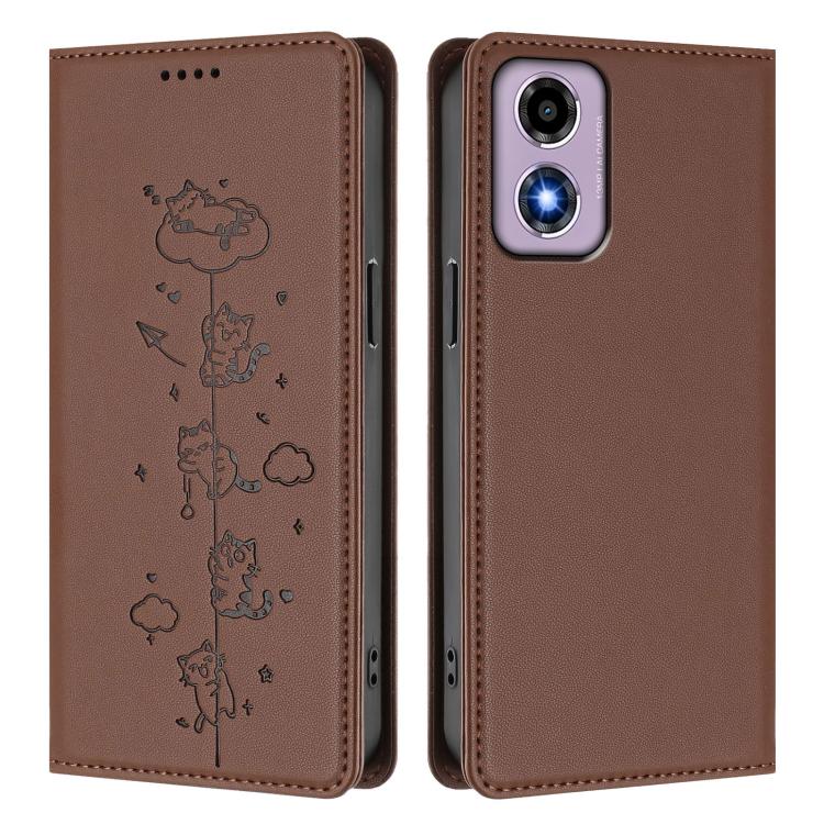 For Motorola Moto E14 4G / G04s 4G Cute Cats Embossed Magnetic RFID Vegan Leather Phone Case